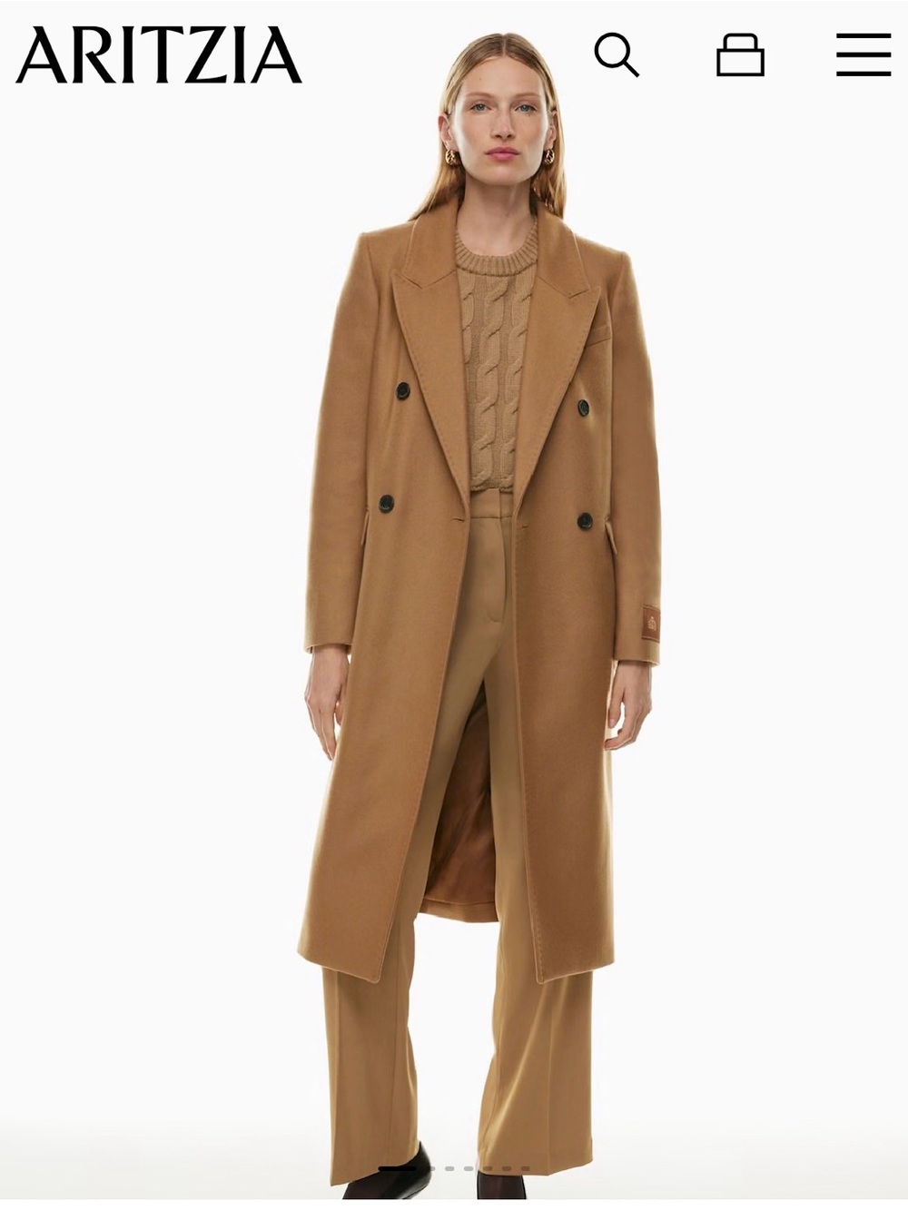 Aritzia Double-Breasted Trench Coat Camel Tan, size Small